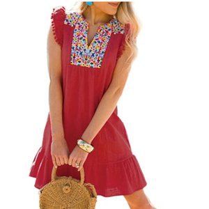 Red Floral Embroidered Pompom Ruffle Dress, Size S